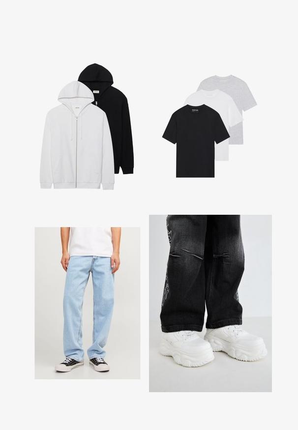 Due felpe con zip, una nera e l'altra bianca, con cappucci regolabili, tasche a marsupio, polsini a coste e una texture in tessuto morbido.; Set di tre t-shirt base in nero, bianco e grigio chiaro. Maniche corte, colletto rotondo, realizzate in cotone morbido. Logo del marchio visibile.; Jeans in denim azzurro chiaro con vestibilità comoda, caratterizzati da un design a gamba dritta e cuciture standard, abbinati a sneaker nere.; Sneakers chunky bianchi con suole testurizzate e design con lacci, abbinati a pantaloni in denim neri con accenti ricamati ai lati.