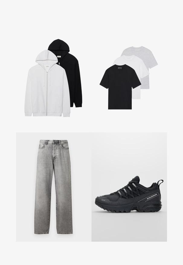 Dos sudaderas con cremallera en negro y blanco, con capuchas ajustables, bolsillos tipo canguro, puños de canalé y una suave textura de tela.; Conjunto de tres camisetas básicas en negro, blanco y gris claro. Mangas cortas, cuello redondo, hechas de una suave tela de algodón. Logo de la marca visible.; Jeans de pierna ancha gris hechos de mezclilla. Presentan una cintura alta, cinco bolsillos y un cierre de botón y cremallera. Desgastado sutil en toda la tela.; Zapatillas deportivas negras con parte superior de malla, suela de goma y acentos reflectantes. Presentan una suela acolchada y un diseño con cierre de cordones.