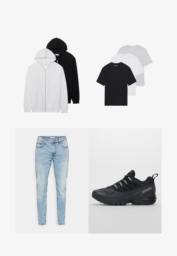 Két cipzáras kapucnis pulóver fekete és fehér színben, húzózsinóros kapucnival, kenguruzsebekkel, bordás mandzsettákkal és puha textúrával.; Három darabból álló alap pólószett fekete, fehér és világosszürke színekben. Rövid ujjú, kerek nyakú, sima pamut anyagból készült. A márka logója látható.; Világoskék farmernadrág egyenes szabással, öt zsebbel és enyhén kopott felülettel. Klasszikus cipzáras záródása és övhurkokkal rendelkezik.; Fekete sportcipők hálós felsőrésszel, gumitalppal és fényvisszaverő részletekkel. Párnázott talppal és fűzős dizájnnal rendelkezik.
