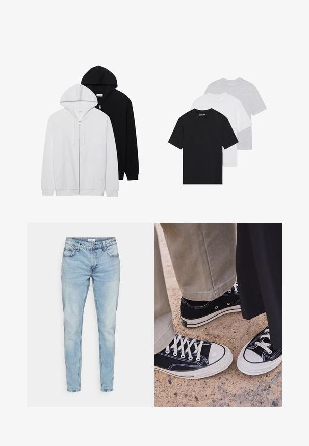 Două hanorace cu fermoar, în negru și alb, având glugi cu șnur, buzunare tip cangur, manșete ribbate și o textură a materialului moale.; Set de trei tricouri basic în negru, alb și gri deschis. Mâneci scurte, guler rotund, fabricate dintr-un material de bumbac neted. Logo-ul brandului este vizibil.; Blugi din denim de un albastru deschis, cu o croială dreaptă, cinci buzunare și un finisaj ușor estompat. Caracteristicile includ un fermoar clasic și bucle pentru curea.; Adidași negri din pânză cu vârfuri din cauciuc alb și șireturi. Cusătura în contrast și ochiurile metalice adaugă detalii. Purtați cu pantaloni bej și o bluză din material negru.