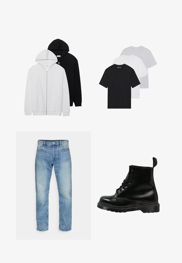 Due felpe con zip, una nera e l'altra bianca, con cappucci regolabili, tasche a marsupio, polsini a coste e una texture in tessuto morbido.; Set di tre t-shirt base in nero, bianco e grigio chiaro. Maniche corte, colletto rotondo, realizzate in cotone morbido. Logo del marchio visibile.; Jeans in denim azzurro chiaro con design a gamba dritta, cinque tasche, chiusura a bottone e aree scolorite per una maggiore texture.; Stivale in pelle nera con punta arrotondata, design con lacci, sei occhielli e suola in gomma testurizzata. Include un'etichetta sul retro.