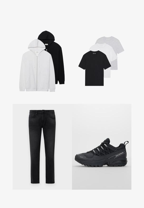 Dos sudaderas con cremallera en negro y blanco, con capuchas ajustables, bolsillos tipo canguro, puños de canalé y una suave textura de tela.; Conjunto de tres camisetas básicas en negro, blanco y gris claro. Mangas cortas, cuello redondo, hechas de una suave tela de algodón. Logo de la marca visible.; Jeans negros ajustados con cinco bolsillos, trabillas para cinturón y cierre de botón, dispuestos planos sobre un fondo blanco.; Zapatillas deportivas negras con parte superior de malla, suela de goma y acentos reflectantes. Presentan una suela acolchada y un diseño con cierre de cordones.