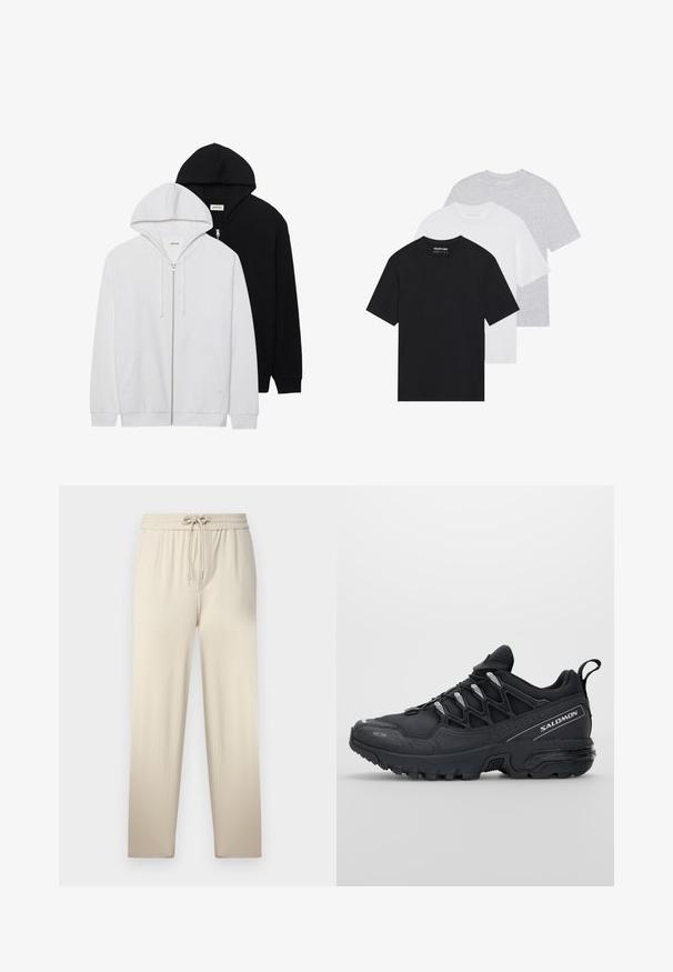 Dva zip-up kapuce v črni in beli barvi, ki imata kapuco z vrvico, kenguru žep, rebrast konice in mehko teksturo blaga.; Komplet treh osnovnih majic v črni, beli in svetlo sivi barvi. Kratki rokavi, okrogla izrezana vrata, narejene iz gladkega bombažnega materiala. Vidna blagovna znamka.; Bež hlače za prostočasne aktivnosti z vezico v pasu, iz teksturirane tkanine, s tremi stranskimi žepi in postopnim zožanjem proti gležnju.; Črne športne čevlje z mrežasto zgornjšo plastjo, gumijastim podplatom in odbojnimi detajli. Imajo oblazinjen podplat in zasnovo z vezalnim zapiranjem.