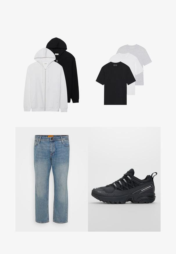 Dos sudaderas con cremallera en negro y blanco, con capuchas ajustables, bolsillos tipo canguro, puños de canalé y una suave textura de tela.; Conjunto de tres camisetas básicas en negro, blanco y gris claro. Mangas cortas, cuello redondo, hechas de una suave tela de algodón. Logo de la marca visible.; Jeans de mezclilla azul claro con corte recto, que cuentan con cinco bolsillos, cierre de botón y etiqueta de la marca naranja en la cintura.; Zapatillas deportivas negras con parte superior de malla, suela de goma y acentos reflectantes. Presentan una suela acolchada y un diseño con cierre de cordones.