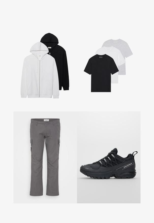 Zwei Reißverschluss-Hoodies in Schwarz und Weiß, mit Kordelzügen in den Kapuzen, Kängurutaschen, gerippten Bündchen und weichem Stoffgefühl.; Set von drei basic T-Shirts in Schwarz, Weiß und Hellgrau. Kurze Ärmel, Rundhalsausschnitt, aus glattem Baumwollstoff. Markenlogo sichtbar.; Graue Cargo-Hosen mit geradem Schnitt, aus einer Baumwollmischung gefertigt. Verfügt über mehrere Seitentaschen und eine Standardtaille. Glatte Textur.; Schwarze Sportschuhe mit einem Obermaterial aus Mesh, Gummisohle und reflektierenden Akzenten. Verfügt über eine gepolsterte Sohle und ein Schnürverschlussdesign.