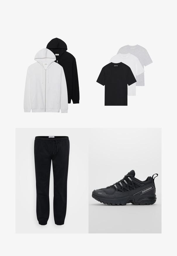 To zip-up hettegensere i svart og hvitt, med snorhetter, kenguru-lommer, ribbede mansjetter og myk tekstur.; Sett med tre grunnleggende t-skjorter i svart, hvitt og lys grå. Korte ermer, rund hals, laget av glatt bomullsstoff. Merkevaren synlig.; Sorte joggebukser laget av myk bomull med elastisk midje og snøre. Har elastiske mansjetter og sidelommer for praktisk bruk.; Svarte joggesko med mesh-overdel, gummisåle og reflekterende detaljer. Har en polstret såle og snøring.