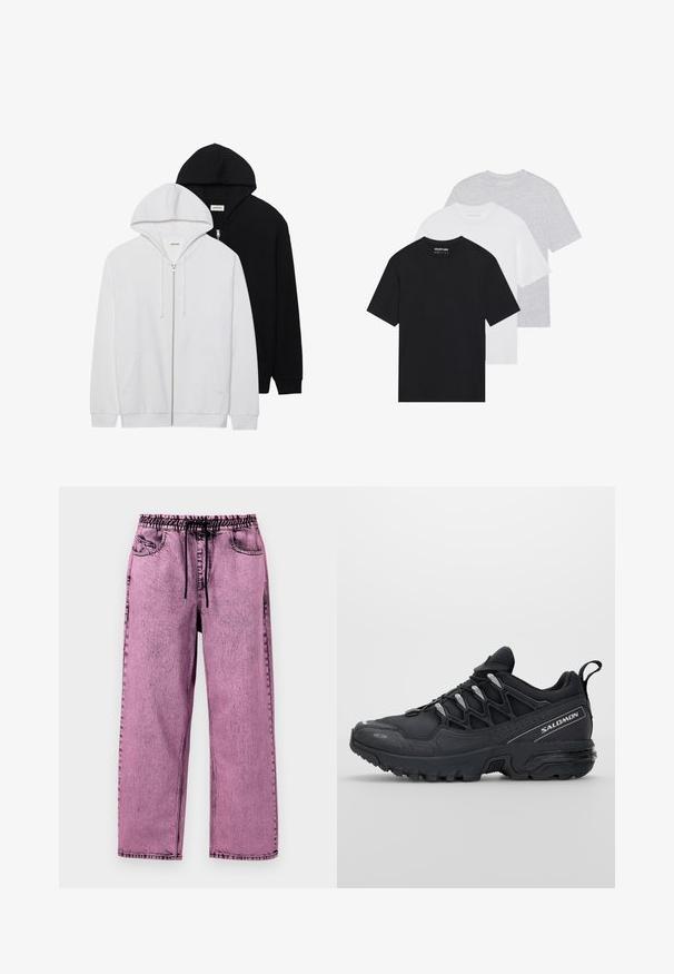 Dvé zipové mikiny v černé a bílé barvě, s kapucí na tkaničku, klokánkovými kapsami, žebrovanými manžetami a měkkou texturou látky.; Sada tří základních triček v černé, bílé a světle šedé barvě. Krátké rukávy, kulatý výstřih, vyrobena z hladké bavlněné tkaniny. Viditelné logo značky.; Růžové džínové kalhoty s elastickým pasem a šňůrkou, s bočními kapsami a uvolněným střihem. Ošuntělá textura po celém povrchu.; Černé sportovní boty s síťovaným svrškem, gumovou podrážkou a reflexními detaily. Mají polstrovanou podrážku a design se šněrováním.
