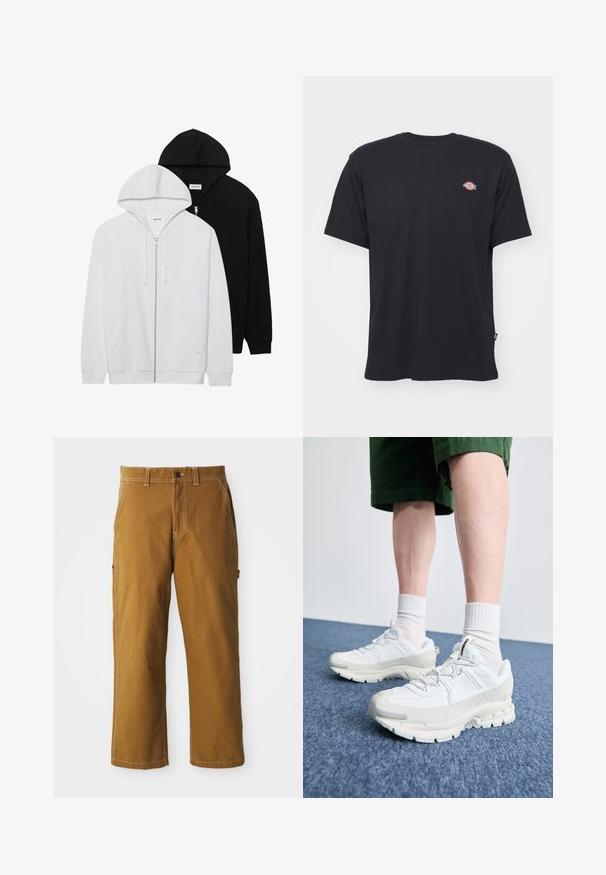 To zip-hoodies i sort og hvid, med snoretræk i hætten, kenguru-lommer, ribbet manchetter og blødt stof.; Sort bomulds T-shirt med korte ærmer, rund halsudskæring og lille farverig logo på venstre bryst. Har en lige kant.; Brune bomuldsbukser med lige pasform, forstærkede sømme og sidelommer. Har en knaplukning og bæltestropper i taljen.; Hvide atletiske sko med teksturerede overlays, en chunky sål og grå accenter. Båret med hvide ankelstrømper og grønne shorts på en blå overflade.