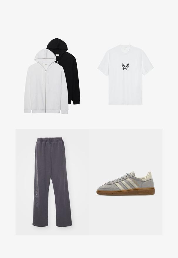 Dva zip-up kapuce v črni in beli barvi, ki imata kapuco z vrvico, kenguru žep, rebrast konice in mehko teksturo blaga.; Bela bombažna majica s kratkimi rokavi in krožnim izrezom. Ima osrednji črni grafični motiv metulja z vzorcem plamenov. Gladka tekstura.; Sive bombažne hlače s prostim krojem, elastičnim pasom in grafiko "STAR WARS" ob levi nogi. Imajo gladko teksturo.; Sive športne copate iz semiša z svetlosivimi usnjenimi črtami in gumijastim podplatom. Značilnosti vključujejo vezalni sistem in subtilno blagovno oznako na jezičku.