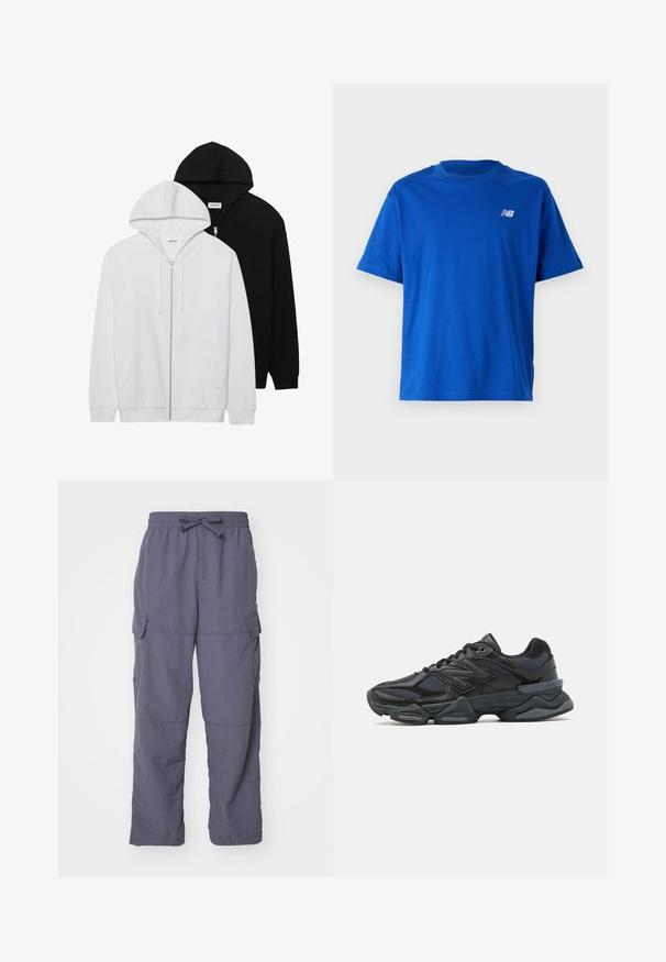Zwei Reißverschluss-Hoodies in Schwarz und Weiß, mit Kordelzügen in den Kapuzen, Kängurutaschen, gerippten Bündchen und weichem Stoffgefühl.; Blaues Baumwoll-T-Shirt mit Rundhalsausschnitt und kurzen Ärmeln. Verfügt über ein kleines weißes "NB"-Logo auf der Brust. Einfaches Design, keine Muster.; Cargo-Hosen in gedämpftem Lila, mit einem elastischen Bund und Zugband, zwei Seitentaschen und einer lockeren Passform; glattes, leichtes Gewebe.; Schwarzer Laufschuh mit einer Mischung aus Mesh- und sinthetischen Materialien, dicke Sohle, geschwungenes Design und auffälliger Markenkennzeichnung an der Seite.