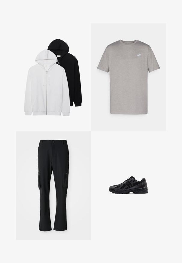 Divi džemperi ar rāvējslēdzēju melnā un baltā krāsā, ar pievelkamu kapuci, kangaru kabatām, ribotām aprocēm un mīkstu auduma tekstūru.; Pelēks īsa piedurkne T-krekls, izgatavots no mīkstas auduma, ar vieglu logo gaiši zilā krāsā kreisajā krūtī. Apaļš kakla izgriezums, regulāra piegrieztne.; Melnas kravas bikses, kas izgatavotas no viegla auduma, ar divām sānu kabatām, pogu aizdari un taisnu kāju dizainu.; Melnas sporta apavus ar sieta augšdaļu un sintētiskām virsmām, ar strukturētu zoli un atstarojošiem akcentiem redzamībai.