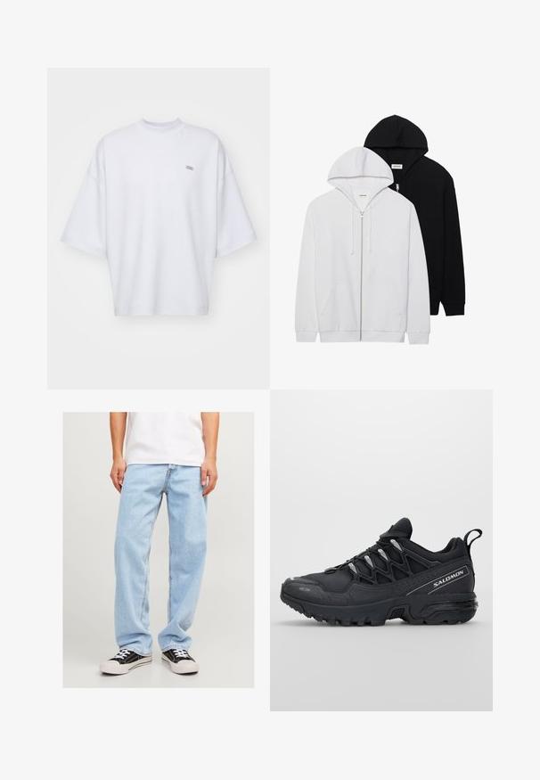 Dwie bluzy z kapturem na zamek w kolorze czarnym i białym, z kapturem na sznurki, kieszeniami kangurzymi, ściągaczami na rękawach oraz miękką teksturą materiału.; Biała koszulka z krótkim rękawem i wysokim dekoltem, z naszywaną metką logo na lewej piersi oraz luźnym krojem. Wykonana z miękkiej tkaniny.; Jasnoniebieskie dżinsy o luźnym kroju, z prostymi nogawkami i standardowym przeszyciem, w zestawieniu z czarnymi trampkami.; Czarne buty sportowe z siateczkową cholewką, gumową podeszwą i odblaskowymi akcentami. Posiadają amortyzowaną podeszwę oraz sznurowany design.
