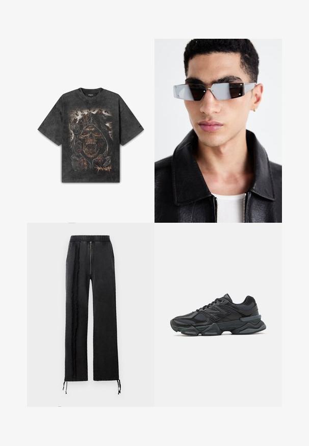 Two zip-up hoodies in black and white, featuring drawstring hoods, kangaroo pockets, ribbed cuffs, and soft fabric texture.; Black oversized cotton t-shirt featuring a detailed skull graphic with fiery eyes, surrounded by dark figures and spider motifs.; Black pants made of soft fabric, featuring a zip closure, elastic waistband, and frayed side accents. Includes adjustable drawstring cuffs.; Black running shoe featuring a mix of mesh and synthetic materials, chunky sole, curved design, and prominent branding on the side.; Angular gray-tinted sunglasses with silver hardware, set against a light background. The lenses feature a unique geometric shape.