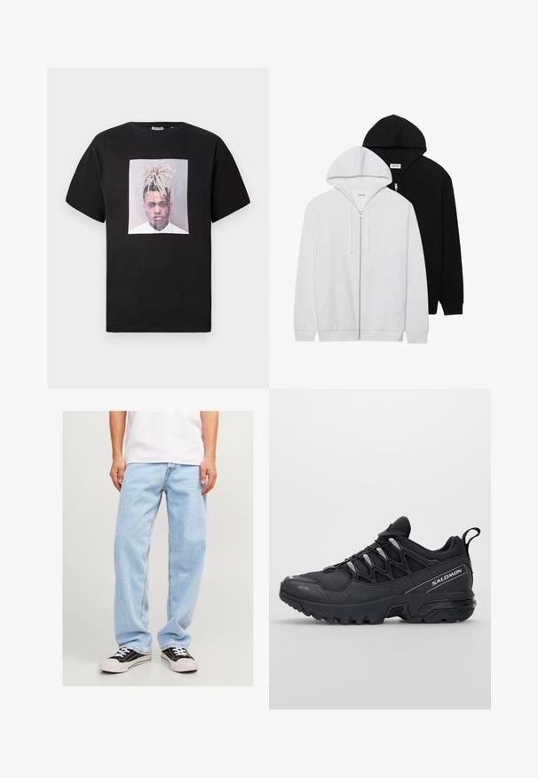 Dva zip-up kapuce v črni in beli barvi, ki imata kapuco z vrvico, kenguru žep, rebrast konice in mehko teksturo blaga.; Črna bombažna majica s kratkimi rokavi in krožnim izrezom, ki ima spredaj velik potisk portreta v kvadratni okvir. Ohlapen kroj.; Svijetloplave traperice s opuštenim krojem, koje imaju ravne nogavice i standardnu šav, u kombinaciji s crnim tenisicama.; Črne športne čevlje z mrežasto zgornjšo plastjo, gumijastim podplatom in odbojnimi detajli. Imajo oblazinjen podplat in zasnovo z vezalnim zapiranjem.