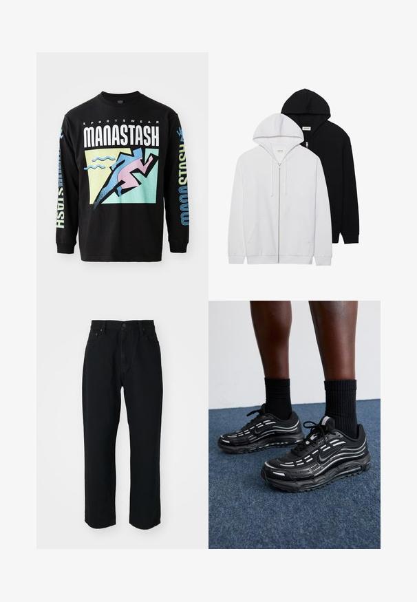 Dvetko mikiny na zips v čiernej a bielej farbe, so sťahovacími kapucňami, klokanymi vreckami, ribovanými manžetami a jemnou textúrou látky.; Čierne tričko s dlhým rukávom, ktoré obsahuje grafický dizajn s bežcom v ružovej farbe, geometrickými tvarmi a textom v bielej a modrej farbe, vyrobené z bavlny.; Čierne džínsy z denimu s rovnými nohavicami, ľahkou textúrou, dizajnom s piatimi vreckami a gombíkovým zapínaním v páse.; Čierne tenisky Nike majú sieťkový zvršok s akcentovými pruhmi, textúrovaným šnurovaním a čiernu gumovú podrážku. Nosené s čiernymi rebrovanými ponožkami.