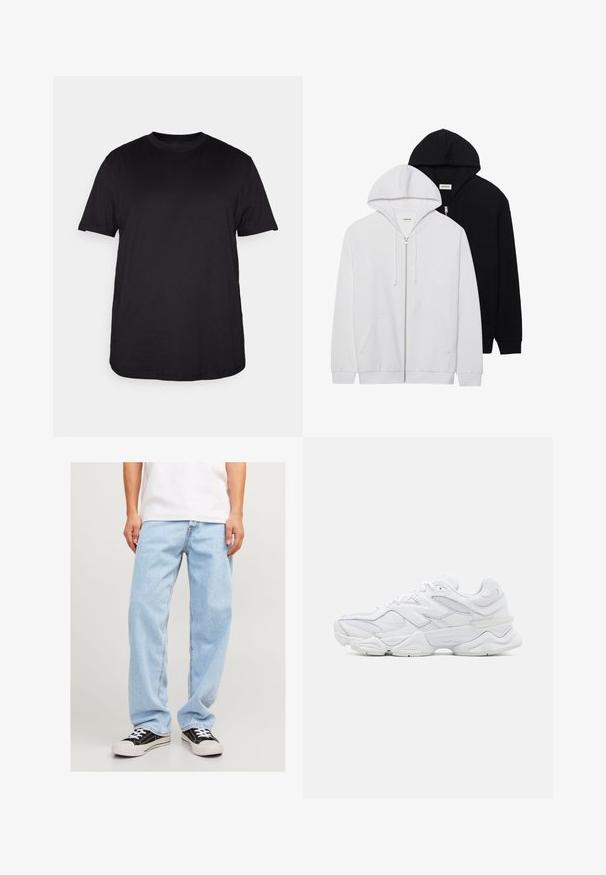 Zwei Reißverschluss-Hoodies in Schwarz und Weiß, mit Kordelzügen in den Kapuzen, Kängurutaschen, gerippten Bündchen und weichem Stoffgefühl.; Schwarzes T-Shirt mit kurzen Ärmeln aus weicher Baumwolle, mit Rundhalsausschnitt und lockerer Passform, ohne sichtbare Muster oder Akzente.; Hellblaue Jeans aus Denim mit lockerer Passform, gerade Beinform und Standardnähte, kombiniert mit schwarzen Sneakers.; Weiße Sportschuhe mit einem Obermaterial aus Mesh und Leder, runder Zehenform, geschichteter Gestaltung und einer gepolsterten Sohle für zusätzlichen Komfort.