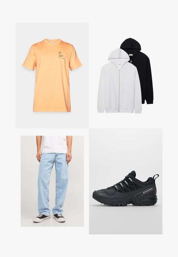 Kaksi vetoketjullista hupparia mustana ja valkoisena, joissa on nyörivetoketjulliset huput, kengurul pockets, ribbatut hihansuut ja pehmeä kankaan rakenne.; Oranssi puuvillapaita lyhyillä hihoilla, pyöreällä pääntiellä ja edessä tekstisuunnittelu: "KAIKEN PÄIVÄN UNELMOI I S.:" Sujuva rakenne, rento istuvuus.; Vaaleansiniset farkut rentoa istuvuutta, suorat lahkeet ja tavallinen ommel, yhdistettynä mustiin lenkkareihin.; Mustat urheilukengät, joissa on verkkomateriaali päällinen, kumipohja ja heijastavat yksityiskohdat. Varustettu pehmustetulla pohjalla ja nauhakiinnityksellä.