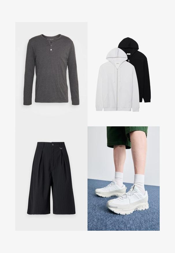 Kaks tõmblukuga kapuutsiga jakki mustas ja valges, millel on reguleeritavad kapuutsid, kaasaskantavad taskud, soonikkoes mansetid ja pehme tekstuur.; Pika-särg, tumesinine, pikki varrukatega, valmistatud pehmest kangast, ümara kraega, kolme nupuga ja regulaarse lõikega.; Mustriga mustad lühikesed püksid voldikute, nööpkinnituse ja metallringi akendiga. Sile kangas, millel on keha külge liibuv lõige ja põlvepikkune disain.; Valged sportsijalatsid tekstuursete pealsete, kopsaka tallaga ja hallide aktsentidega. Kanda valgete lühikeste sokkidega ja roheliste lühikeste pükstega sinisel pinnal.