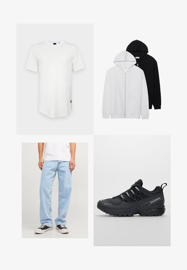 Dos sudaderas con cremallera en negro y blanco, con capuchas ajustables, bolsillos tipo canguro, puños de canalé y una suave textura de tela.; Camiseta blanca de manga corta hecha de algodón, con un escote redondo y una parte trasera ligeramente alargada, con un pequeño logotipo en el lateral.; Jeans de mezclilla azul claro con un ajuste relajado, que presentan un diseño de pierna recta y costuras estándar, combinados con zapatillas negras.; Zapatillas deportivas negras con parte superior de malla, suela de goma y acentos reflectantes. Presentan una suela acolchada y un diseño con cierre de cordones.