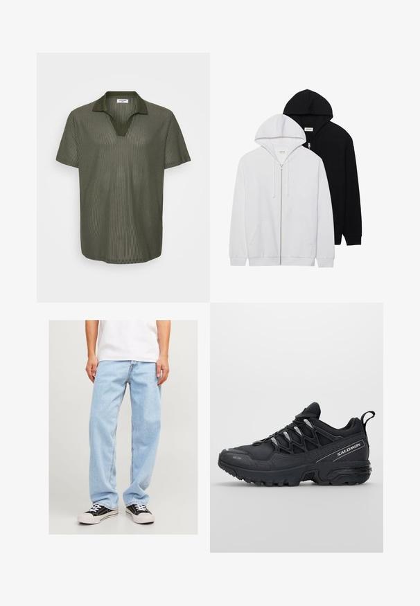 Dvé zipové mikiny v černé a bílé barvě, s kapucí na tkaničku, klokánkovými kapsami, žebrovanými manžetami a měkkou texturou látky.; Olivově zelená polo tričko s krátkým rukávem, ribbed textura, véčkový výstřih a kontrastní límeček. Lehká látka a volný střih.; Světle modré džíny s uvolněným střihem, s rovnými nohavicemi a standardním šitím, spárované s černými teniskami.; Černé sportovní boty s síťovaným svrškem, gumovou podrážkou a reflexními detaily. Mají polstrovanou podrážku a design se šněrováním.