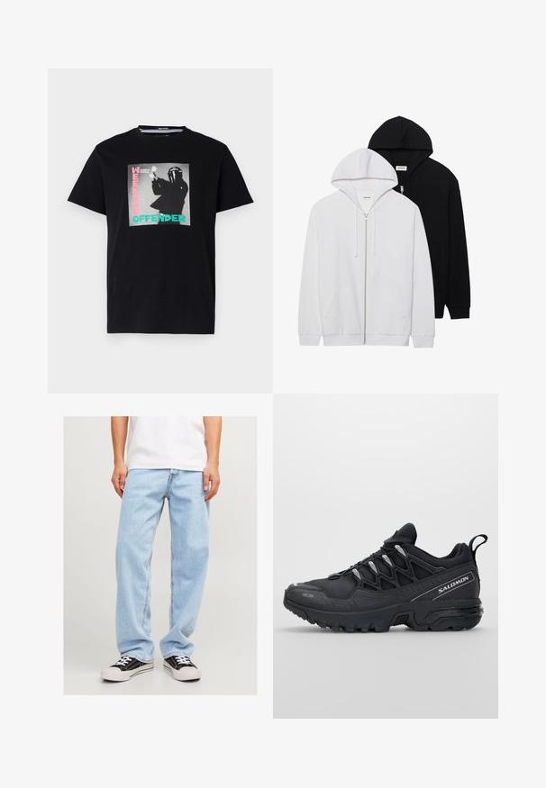 Dušiniu užtrauktuku užsegamos dvi liemenės juodos ir baltos spalvos, su reguliuojamomis kapišonų virvutėmis, kengūrų kišenėmis, įliemenuotais rankogaliais ir minkštos tekstūros medžiaga.; Juodas medvilninis marškinėliai su grafiniu spaudiniu, kuriame yra užrašai "WEEKEND OFFENDER" ir "London Calling", paryškinti turkio ir rožinės spalvomis.; Šviesiai mėlynos denim kelnės su laisvu siluetu, su tiesių kojų dizainu ir standartinėmis siūlėmis, derinamos su juodais sportiniais bateliais.; Juodi sportiniai bateliai su tinklelio viršumi, guminėmis išorinėmis dalimis ir atspindinčiomis detalėmis. Savybės: paminkštinta pado konstrukcija ir raištelių užsegimo dizainas.