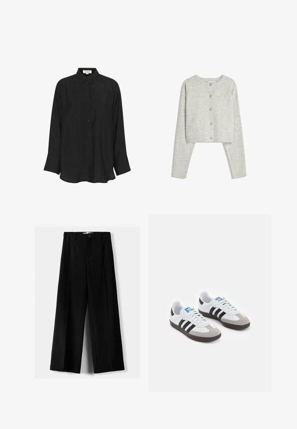 Light gray cropped cardigan with long sleeves, round neckline, and five front buttons on a white background.; Black long-sleeve shirt made of lightweight fabric, featuring a pointed collar, button front, and slightly flared cuffs. Smooth texture.; Black wide-leg trousers made of lightweight fabric, featuring a front button closure and flat front, with neatly stitched hems.; Sport shoes with a white leather upper, gray suede toe, and three black stripes. Features a blue logo on the tongue and a textured rubber sole.
