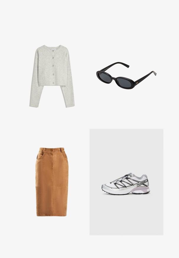 Hellgrauer, kurzer Cardigan mit langen Ärmeln, rundem Halsausschnitt und fünf vorderen Knöpfen auf einem weißen Hintergrund.; Weißes Baumwoll-Top mit gerippter Textur, ärmellosem Design und rundem Ausschnitt. Mit einem Etikett am Hals mit der Aufschrift "WEEKDAY."; Brauner Wildleder-Bleistiftrock mit hoher Taille, vorderem Knopfverschluss, zwei seitlichen Taschen und vertikalen Nahtdetails. Glatte Textur.; Laufschuh mit einem leichten, weißen Mesh-Obermaterial, silbernen Akzenten und schwarzem Schnürsystem; verfügt über eine strukturierte Sohle für Traktion.; Schwarze, oversized Sonnenbrillen mit ovalen Gläsern, glattem Kunststoffrahmen und goldenen Akzenten an den Bügeln. Die dunklen Gläser bieten Sonnenschutz.; Grau gestrickter Wollschal mit weicher Textur, rechteckiger Form und fransigen Enden, geeignet für Wärme und zum Schichten an kalten Tagen.; Dunkelbraune Wildleder-Umhängetasche mit verstellbarem Riemen, goldfarbenen Beschlägen und großem vorderem Überschlagverschluss.