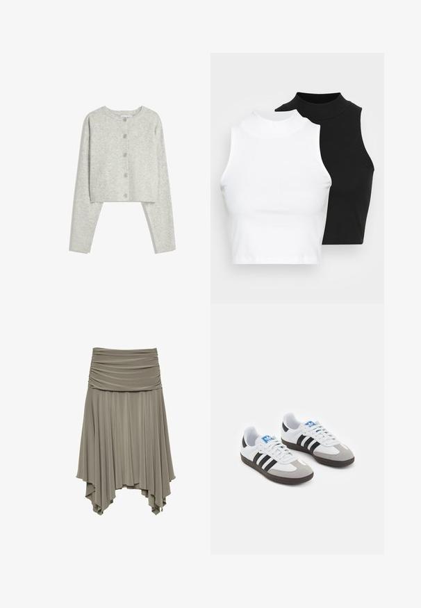Lys grå cropped cardigan med lange ærmer, rund halsudskæring og fem frontknapper på en hvid baggrund.; To kjoleløse ribbede turtleneck-toppe i sort og hvid, med en tætsiddende design og glat tekstur, samt cropped længde.; Rynket, asymmetrisk nederdel i blødt gråt stof. Har en samlet talje og en let, drapering nederste kant med en unik silhuet.; Sportsko med en overdel i hvid læder, grå ruskind på tåen og tre sorte striber. Har et blåt logo på tungen og en struktureret gummisål.