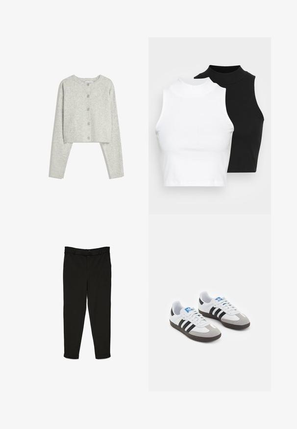 Světle šedý zkrácený kardigan s dlouhými rukávy, kulatým výstřihem a pěti předními knoflíky na bílém pozadí.; Dvě bezrukávové halenky s ribovým stojáčkem v černé a bílé barvě, které mají přiléhavý střih a hladkou texturu, s krácenou délkou.; Černé kalhoty z tkané látky, s přímým střihem, plochým předním dílem a manžetami u kotníků pro elegantní vzhled.; Sportovní boty s bílým koženým svrškem, šedou semišovou špičkou a třemi černými pruhy. Obsahují modré logo na jazyku a texturovanou gumovou podrážku.