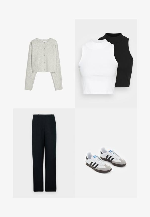 Cardigan scurt de culoare gri deschis, cu mâneci lungi, guler rotund și cinci nasturi în față pe un fundal alb.; Două bluze fără mâneci, cu guler înalt, în culorile negru și alb, având un design ajustat și o textură netedă, cu o lungime scurtă.; Pantaloni din in negri, cu un design drept, având fațăplată, bucle pentru curea și un pliț frontal. Textură netedă, potrivire adaptată.; Încălțăminte sport cu un superior din piele albă, vârf din suede gri și trei dungi negre. Prezintă un logo albastru pe limbă și o talpă din cauciuc texturat.