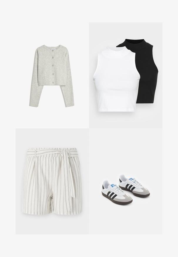Light gray cropped cardigan with long sleeves, round neckline, and five front buttons on a white background.; Two sleeveless ribbed turtleneck tops in black and white, featuring a fitted design and smooth texture, with cropped length.; White striped shorts with grey stripes, elastic waistband, and a tied front detail. Lightweight fabric with a relaxed fit.; Sport shoes with a white leather upper, gray suede toe, and three black stripes. Features a blue logo on the tongue and a textured rubber sole.