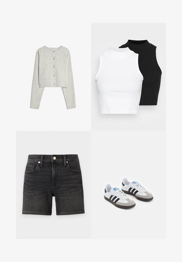 Svetlosivý skrátený kardigan s dlhými rukávmi, okrúhlym výstrihom a piatimi prednými gombíkmi na bielom pozadí.; Dve bezrukávové rebrované roláky v čiernej a bielej farbe, pričom majú priliehavý strih a hladkú textúru, s krátkou dĺžkou.; Čierne denimové šortky s klasickým dizajnom piatich vreciek, s predným zapínaním na gombík a slabým vyblednutím pre textúru.; Športové topánky s bielym koženým zvrškom, šedou semišovou špičkou a tromi čiernymi pruhmi. Obsahujú modré logo na jazyku a štruktúrovanú gumovú podrážku.