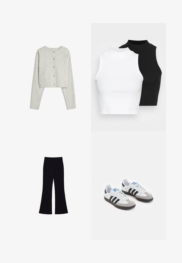 Svijetlosiva skraćena kardigan jakna s dugim rukavima, okruglim dekolteom i pet dugmadi sprijeda na bijeloj pozadini.; Dvije bezrukavne rebraste majice s visokim ovratnikom u crnoj i bijeloj boji, s prilagođenim dizajnom i glatkom teksturom, te skraćenom dužinom.; Crne široke hlače s visokim strukom, bez vidljivih džepova ili dugmadi, prikazane protiv bijele pozadine.; Sportske cipele s gornjištem od bijele kože, sivi suedinasti nos i tri crne pruge. Imaju plavi logo na jeziku i teksturiranu gumenu podlogu.