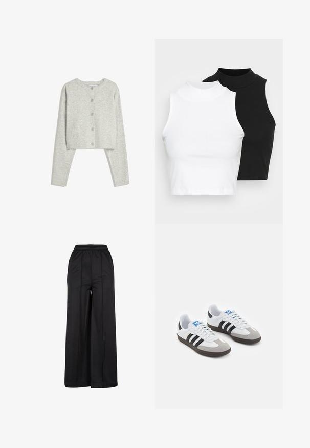 Světle šedý zkrácený kardigan s dlouhými rukávy, kulatým výstřihem a pěti předními knoflíky na bílém pozadí.; Dvě bezrukávové halenky s ribovým stojáčkem v černé a bílé barvě, které mají přiléhavý střih a hladkou texturu, s krácenou délkou.; Černé široké kalhoty s elastickým pasem, hladkým materiálem a viditelnými švy. Vyznačují se volným, splývavým střihem.; Sportovní boty s bílým koženým svrškem, šedou semišovou špičkou a třemi černými pruhy. Obsahují modré logo na jazyku a texturovanou gumovou podrážku.
