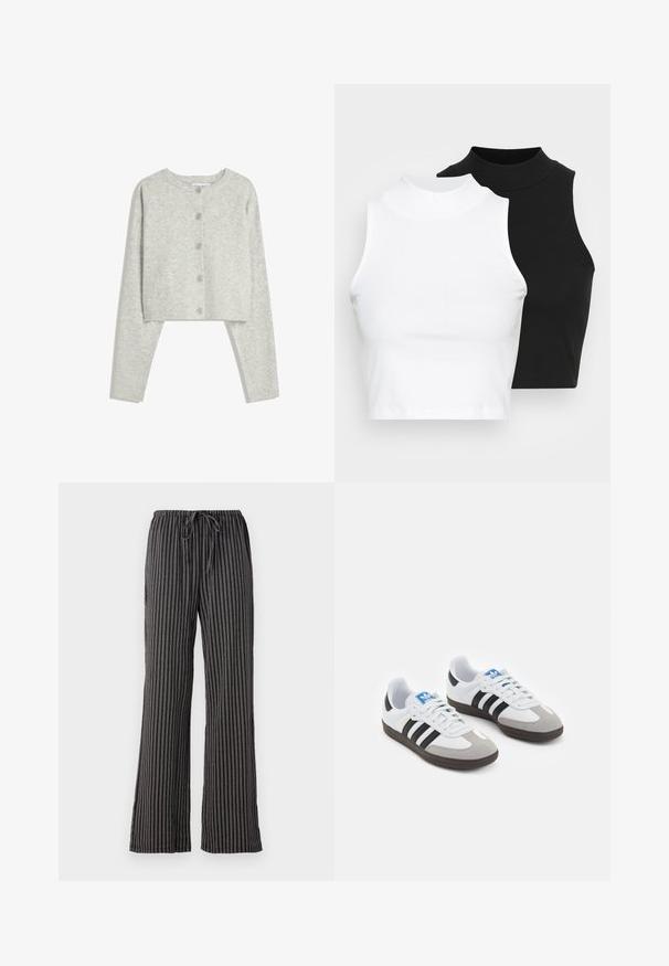 Ljusgrå kort cardigan med långa ärmar, rund halsringning och fem framknappar på en vit bakgrund.; Två ärmlösa ribbade polotröjor i svart och vitt, med en figursydd design och slät textur, i en kortad längd.; Randiga pyjamasbyxor i svart och vitt, med dragsko i midjan, vida ben och ett mjukt, texturerat tyg med vertikala linjer.; Sportskor med överdel i vit läder, grå mocka på tårna och tre svarta ränder. Har en blå logotyp på tungan och en texturerad gummisula.