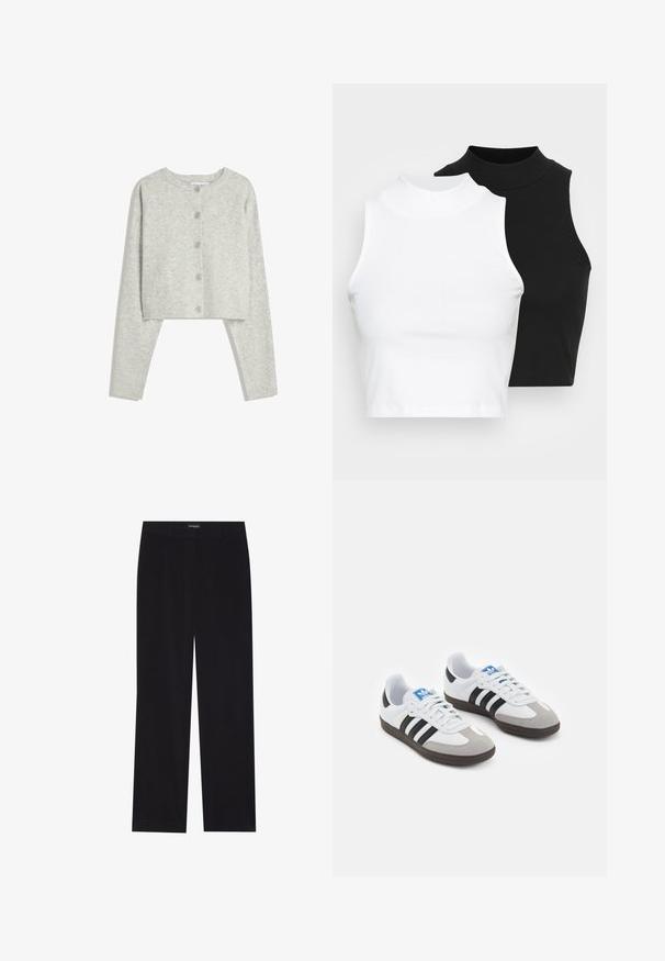 Svetlosivý skrátený kardigan s dlhými rukávmi, okrúhlym výstrihom a piatimi prednými gombíkmi na bielom pozadí.; Dve bezrukávové rebrované roláky v čiernej a bielej farbe, pričom majú priliehavý strih a hladkú textúru, s krátkou dĺžkou.; Čierne kordové nohavice so rovný strihom, s plochým pásom a bez viditeľných vreciek, hladkou textúrou a podrobnosťou vertikálneho ryhovania.; Športové topánky s bielym koženým zvrškom, šedou semišovou špičkou a tromi čiernymi pruhmi. Obsahujú modré logo na jazyku a štruktúrovanú gumovú podrážku.