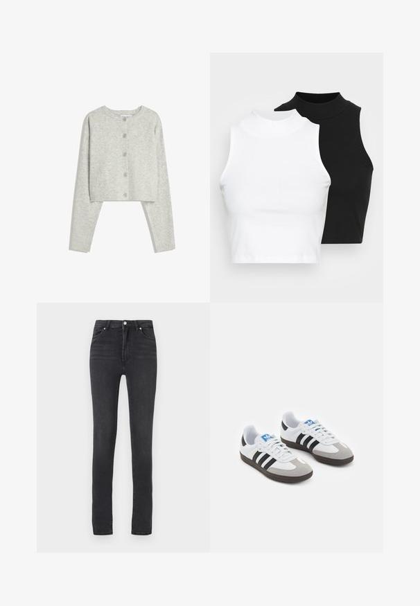 Jasnoszara krótka kardigan z długimi rękawami, okrągłym dekoltem i pięcioma guzikami z przodu na białym tle.; Dwa bezrękawnikowe golfy w kolorze czarnym i białym, charakteryzujące się dopasowanym fasonem i gładką teksturą, o skróconej długości.; Czarne skinny jeansy z wysokim stanem, wykonane z elastycznego denimu, z paskami na pasek, minimalnym przeszyciem i klasycznym pięciopocketowym wzornictwem.; Buty sportowe z białą skórzaną cholewką, szarym zamszowym noskiem i trzema czarnymi paskami. Posiadają niebieskie logo na języku oraz teksturowaną gumową podeszwę.