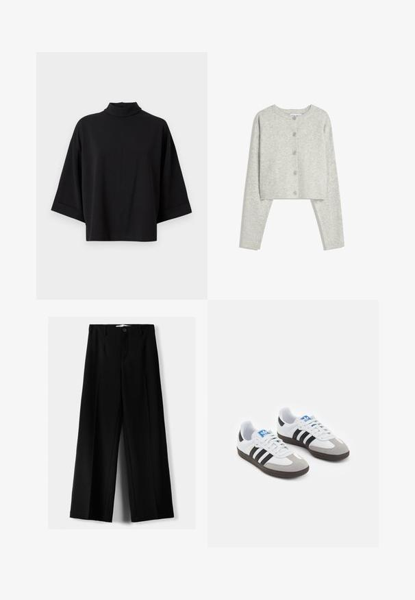 Svijetlosiva skraćena kardigan jakna s dugim rukavima, okruglim dekolteom i pet dugmadi sprijeda na bijeloj pozadini.; JDY JDYGEGGO LIFE 3/4 HIGHNECK JRS DIA - Bluza - black; Crne široke hlače izrađene od lagane tkanine, s prednjim zatvaranjem na dugme i ravnim prednjim dijelom, sa uredno šivenim rubovima.; Sportske cipele s gornjištem od bijele kože, sivi suedinasti nos i tri crne pruge. Imaju plavi logo na jeziku i teksturiranu gumenu podlogu.