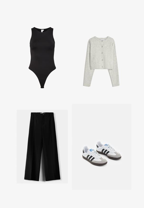 Light gray cropped cardigan with long sleeves, round neckline, and five front buttons on a white background.; Black sleeveless bodysuit with a high neckline, made from smooth fabric. Features a thong cut for minimal coverage at the back.; Black wide-leg trousers made of lightweight fabric, featuring a front button closure and flat front, with neatly stitched hems.; Sport shoes with a white leather upper, gray suede toe, and three black stripes. Features a blue logo on the tongue and a textured rubber sole.