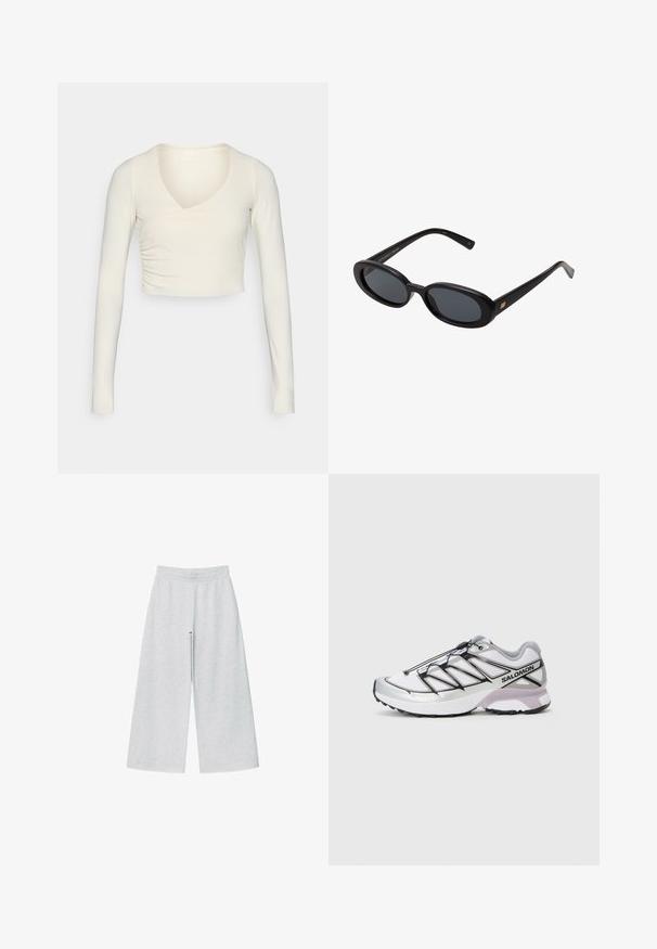 Světle šedý zkrácený kardigan s dlouhými rukávy, kulatým výstřihem a pěti předními knoflíky na bílém pozadí.; Dlouhý rukáv, krémový crop top s výstřihem do V a nařasením po straně, vyrobený z elastického materiálu pro přiléhavý vzhled.; Světle šedé široké kalhoty vyrobené z měkkého materiálu s elastickým páskem. Design má volný střih pro pohodlí a snadný pohyb.; Běžecká obuv s lehkým bílým síťovaným svrškem, stříbrnými akcenty a černým šněrováním; má strukturovanou podrážku pro lepší trakci.; Černé oversized sluneční brýle s oválnými čočkami, hladkým plastovým rámem a zlatými akcenty na spáncích. Tmavé čočky poskytují ochranu před sluncem.; Šedý vlněný šátek s jemnou texturou, obdélníkovým tvarem a třásněmi na koncích, vhodný pro zahřátí a vrstvení v chladnějším počasí.; Tmavě hnědá semišová kabelka přes rameno s nastavitelným popruhem, zlatým kováním a velkým předním klopovým zavíráním.
