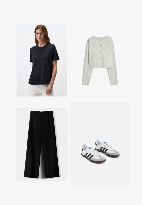 Jasnoszara krótka kardigan z długimi rękawami, okrągłym dekoltem i pięcioma guzikami z przodu na białym tle.; Czarny t-shirt z krótkim rękawem, wykonany z miękkiego materiału, z klasycznym okrągłym dekoltem i luźnym krojem, noszony z białymi spodniami.; Czarne spodnie szerokie, wykonane z lekkiego materiału, z zapięciem na guzik z przodu i gładkim przodem, z starannie wykończonymi brzegami.; Buty sportowe z białą skórzaną cholewką, szarym zamszowym noskiem i trzema czarnymi paskami. Posiadają niebieskie logo na języku oraz teksturowaną gumową podeszwę.