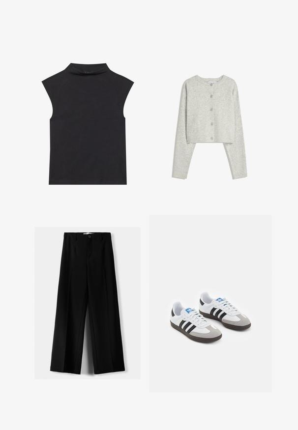 Lichtgrijze geknipte cardigan met lange mouwen, ronde halslijn en vijf voorknopen op een witte achtergrond.; Zwarte mouwloze top met een hoge kraag, gemaakt van zachte stof. Heeft ruwe randen en een getailleerde vorm, zonder zichtbare patronen of versieringen.; Zwarte wijde broek van lichtgewicht stof, met een knoopsluiting aan de voorkant en een vlakke achterkant, afgewerkt met keurig gestikte zoom.; Sportschoenen met een witte leren bovenkant, grijze suède neus en drie zwarte strepen. Bevat een blauw logo op de tong en een gestructureerde rubberen zool.