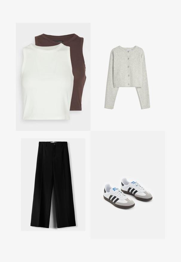 Cardigan scurt de culoare gri deschis, cu mâneci lungi, guler rotund și cinci nasturi în față pe un fundal alb.; Două bluze cu dungi, fără mâneci, în alb și maro închis. Ambele au un guler înalt și un material moale, elastic, ideal pentru stratificare.; Pantaloni negri cu picior larg, fabricați dintr-un material ușor, cu închidere frontală cu nasture și față plată, având tivuri cusute cu atenție.; Încălțăminte sport cu un superior din piele albă, vârf din suede gri și trei dungi negre. Prezintă un logo albastru pe limbă și o talpă din cauciuc texturat.