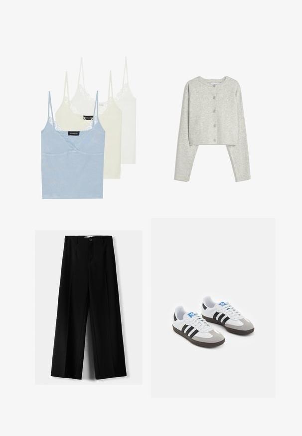 Jasnoszara krótka kardigan z długimi rękawami, okrągłym dekoltem i pięcioma guzikami z przodu na białym tle.; Trzy topy: jasnoniebieski, kremowy i biały. Wykonane z miękkiego materiału z koronkowym wykończeniem wzdłuż dekoltu i cienkimi regulowanymi ramiączkami.; Czarne spodnie szerokie, wykonane z lekkiego materiału, z zapięciem na guzik z przodu i gładkim przodem, z starannie wykończonymi brzegami.; Buty sportowe z białą skórzaną cholewką, szarym zamszowym noskiem i trzema czarnymi paskami. Posiadają niebieskie logo na języku oraz teksturowaną gumową podeszwę.