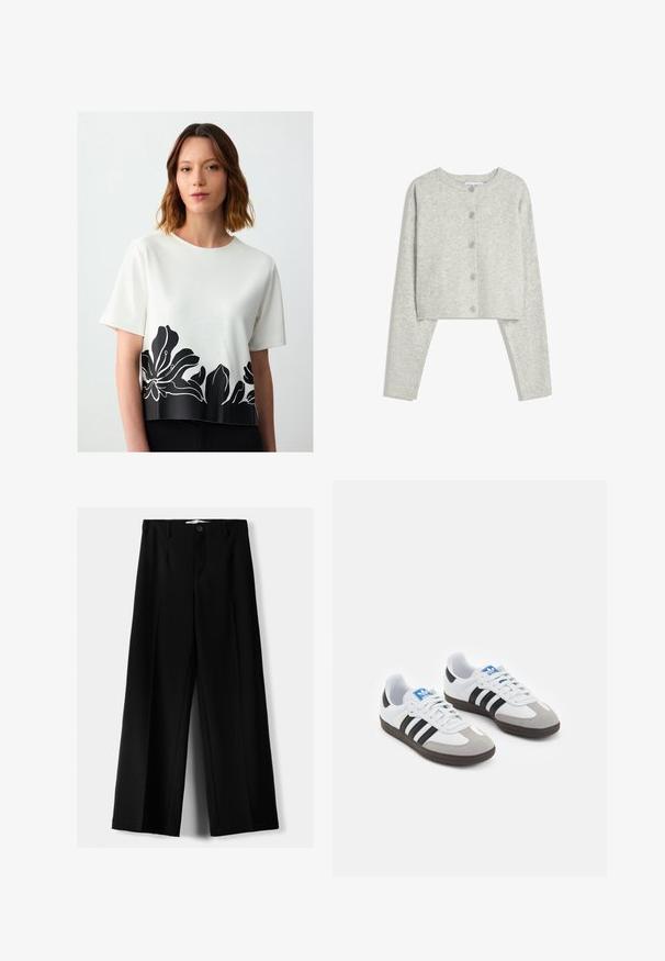 Lichtgrijze geknipte cardigan met lange mouwen, ronde halslijn en vijf voorknopen op een witte achtergrond.; Witte korte mouwen top met een contrasterend zwart bloemenontwerp langs de zoom. Zachte textuur met een ronde halslijn.; Zwarte wijde broek van lichtgewicht stof, met een knoopsluiting aan de voorkant en een vlakke achterkant, afgewerkt met keurig gestikte zoom.; Sportschoenen met een witte leren bovenkant, grijze suède neus en drie zwarte strepen. Bevat een blauw logo op de tong en een gestructureerde rubberen zool.