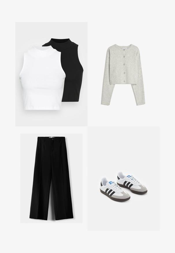 Vaaleanharmaa lyhyt neuletakki pitkilla hihoilla, pyöreä pääntie ja viisi nappia edessä valkoista taustaa vasten.; Kaksi hihattomaa ribattua kauluspaitaa mustana ja valkoisena, joissa on istuva muotoilu ja sileä rakenne, sekä lyhyt pituus.; Mustat leveälahkeiset housut, jotka on valmistettu kevyestä kankaasta. Housuissa on etunappikiinnitys ja tasainen etuosa, sekä huolellisesti ommellut helmat.; Urheilukengät, joissa on valkoinen nahkainen päällinen, harmaa mokkanokka ja kolme mustaa raitaa. Ominaisuuksina sininen logo kielekkeessä ja kuvioitu kumipohja.