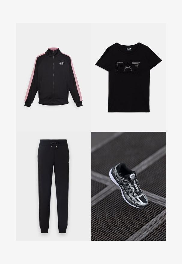 Μαύρο ζακέτα με φερμουάρ και ψηλό γιακά, αντίθετες ροζ ρίγες στα πλάγια και λογότυπο. Φτιαγμένο από μαλακό υλικό με ραμμένα μανίκια και κάτω μέρος.; Μαύρο βαμβακερό T-shirt με κοντά μανίκια, που διαθέτει το λογότυπο "EA7" σε ριχναστάκια και το κείμενο "EMPORIO ARMANI" σε αντίθετο σχέδιο.; Μαύροι παντελόνια τζόκινγκ φτιαγμένα από μαλακό ύφασμα με ελαστική μέση, λεπτομέρειες με κορδόνι και ριμπ τελειώματα, διαθέτοντας πλαϊνές τσέπες.; Παπούτσι τρεξίματος Nike με μαύρο και ασημί χρώμα, πλέγμα επάνω μέρος, υφή σόλας και σύστημα κορδονιών για ασφαλή εφαρμογή.