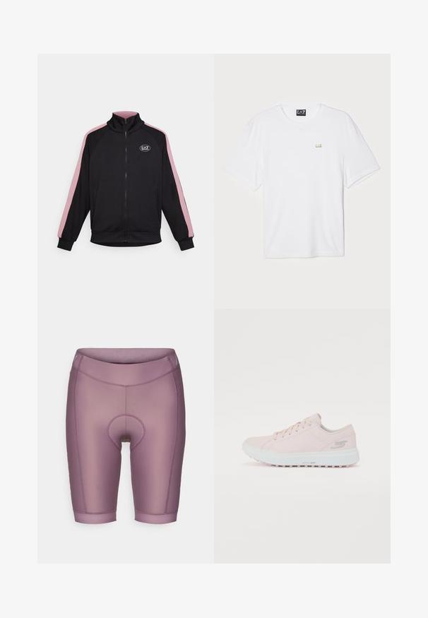Czarna kurtka zapinana na zamek z wysokim kołnierzem, kontrastowymi różowymi paskami po bokach oraz naszywką z logo. Wykonana z miękkiego materiału z ściągaczami przy mankietach i u dołu.; Biała bawełniana koszulka z krótkim rękawem, okrągłym dekoltem, z małym złotym logo EA7 na lewej piersi.; Jasnofioletowe spodenki rowerowe wykonane z gładkiego, rozciągliwego materiału; posiadają wkładkę amortyzującą oraz szeroką talię; długość do kolan z płaskimi szwami.; Jasnoróżowy but sportowy z gładkim syntetycznym wierzchem, okrągłym noskiem, sznurowanym przodem, wyściełanym kołnierzem i białą, teksturowaną gumową podeszwą.