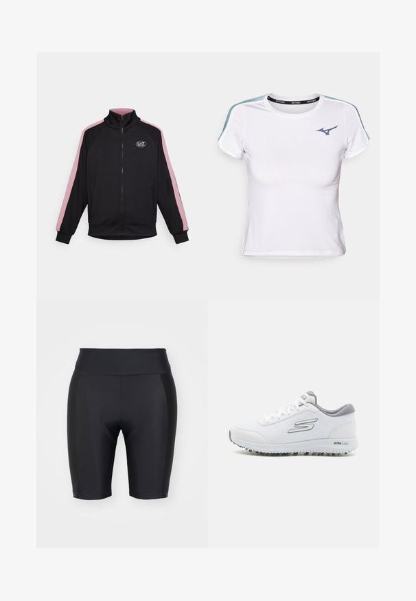 Black zip-up jacket with high collar, contrasting pink side stripes, and logo patch. Made from soft fabric with ribbed cuffs and hem.; White athletic t-shirt with a fitted design, short sleeves, contrasting blue shoulder accents, and a black band featuring the brand name.; Black bike shorts made from stretchy material. Features a high waistband and a padded circular detail at the center front. Smooth texture.; White athletic shoes with a textured mesh upper, silver accents, and a lightweight sole featuring small traction studs, labeled "ULTRA FLIGHT."