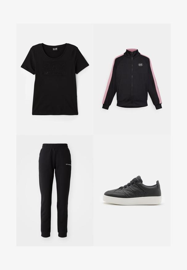 Juodas zip-up sportinis švarkas su aukšta apykakle, kontrastingomis rožinėmis šoninėmis juostomis ir logotipo paštu. Pagamintas iš minkštos medžiagos su guma rankogaliuose ir apačioje.; Juodas trumpas rankovėmis marškinėliai, pagaminti iš minkštos medžiagos, su subtiliu blizgiu logotipu toniniu dizainu priekyje. Apvalus kaklo iškirpimas.; Juodos sportinės kelnės, pagamintos iš minkštos medžiagos, su elastiniu juosmeniu ir rankogaliais. Diskretiškas logotipo detalė priekyje.; Emporio Armani SLANG - Sportbačiai - black